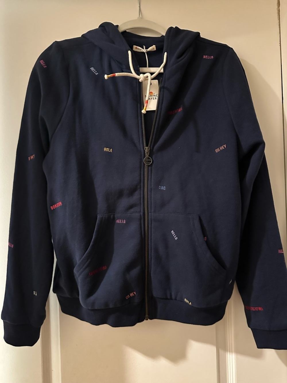 Marine Layer Navy Blue Zip Hoodie with Multicolor Micro-Text “Hello” LARGE size